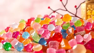 Experience the flavors of Gemini Crystal Candy with a colorful assortment showcasing unique shapes and vibrant colors.