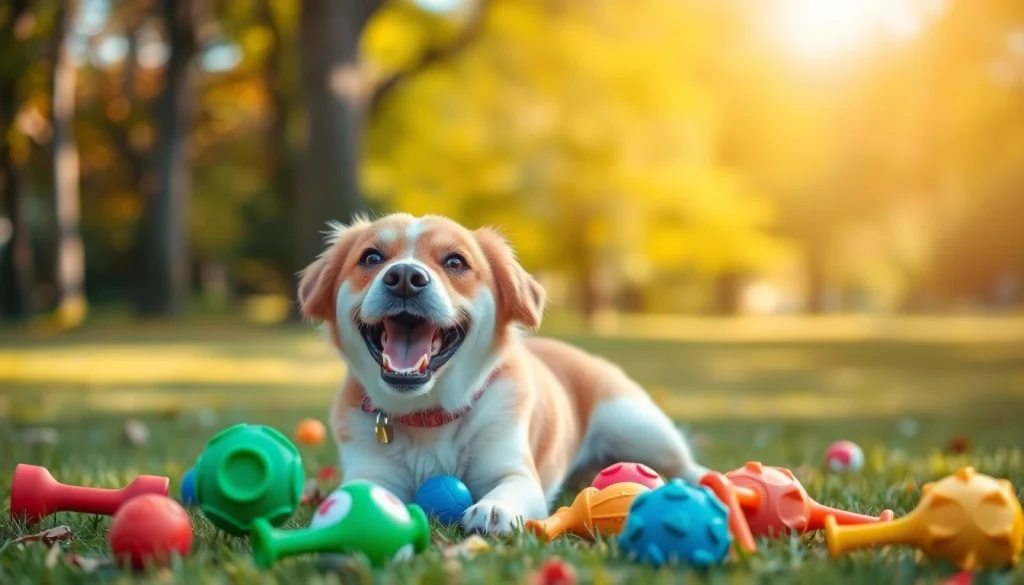 Playful dog enjoying a variety of pet toys outdoors in bright sunlight.