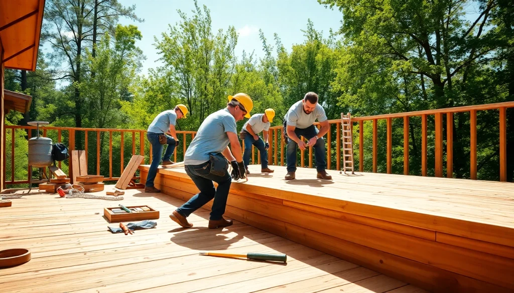 Workers engaged in deck construction, highlighting craftsmanship and teamwork amidst vibrant outdoor scenery.