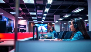 Professional agents efficiently working at a call center in Tijuana, showcasing a vibrant environment