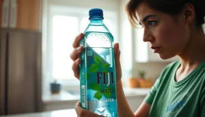 Consumer checking a Fiji Water bottle label for details on the fiji water recall 2024.