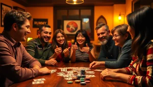 Play rummy wealth with friends at a game table filled with colorful cards and chips.