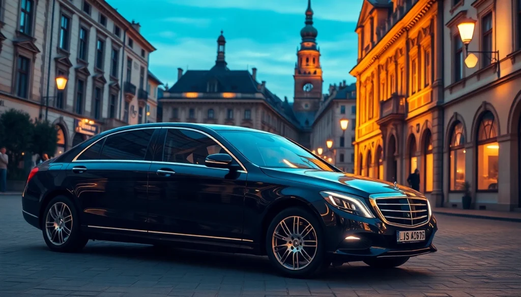 Enjoy a premium cheap chauffeur service Krakow with a sleek car on a charming street.