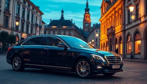 Enjoy a premium cheap chauffeur service Krakow with a sleek car on a charming street.