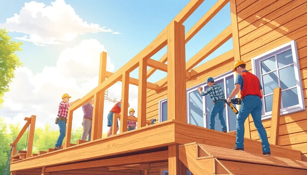 Engage in deck construction as builders assemble a sturdy deck frame using essential tools and materials.