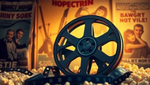 Access public domain movies download free archive with vintage film reel and posters background.