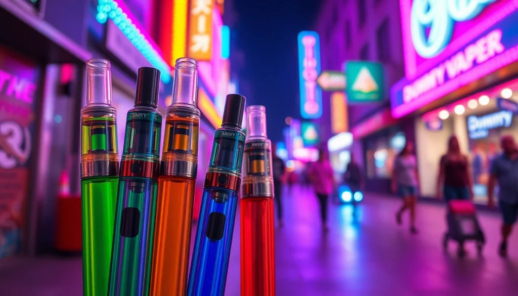 Explore dummy vapes near me with vibrant colors and eye-catching designs in an urban setting.