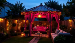 View a beautifully decorated gazebo in Ireland, perfect for outdoor gatherings, illuminated with warm fairy lights.