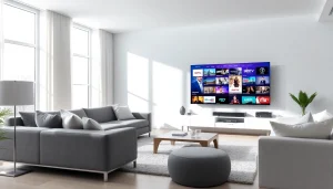 Enjoy a seamless abonnement iptv experience in a modern living room with vibrant TV content.