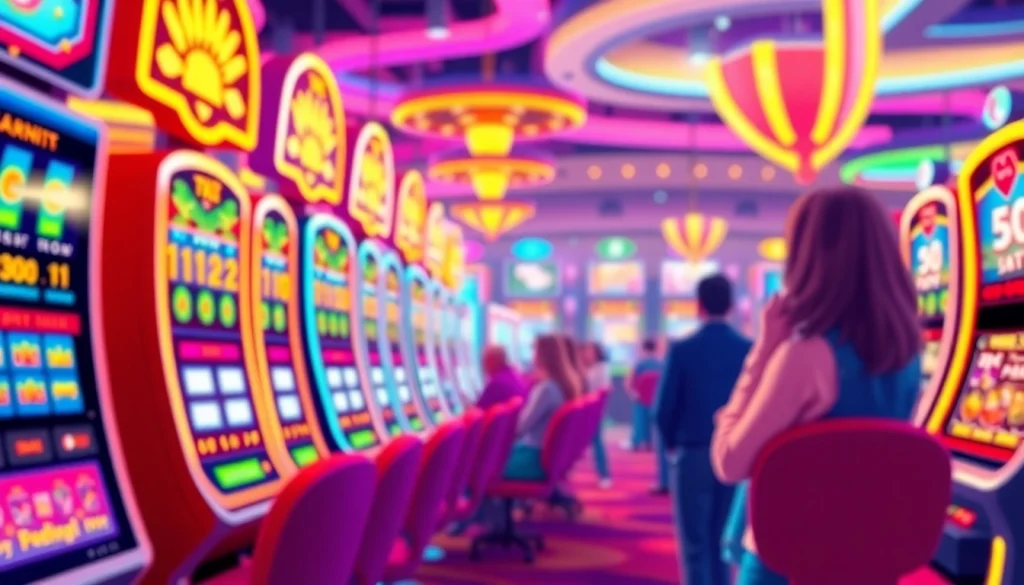 Players experiencing thrilling moments at slot online machines in a vibrant casino.