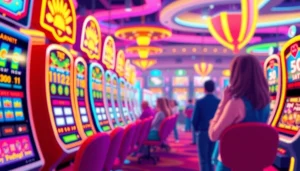 Players experiencing thrilling moments at slot online machines in a vibrant casino.