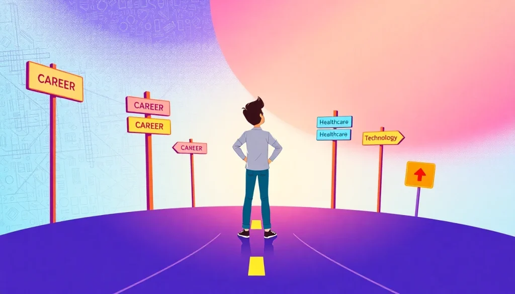 Find out what career suits you by exploring various paths represented by signs in a vibrant illustration.