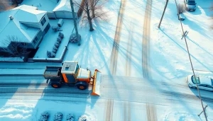 Snow plowing activity in a residential neighborhood, highlighting the efficiency of snow removal services during winter.