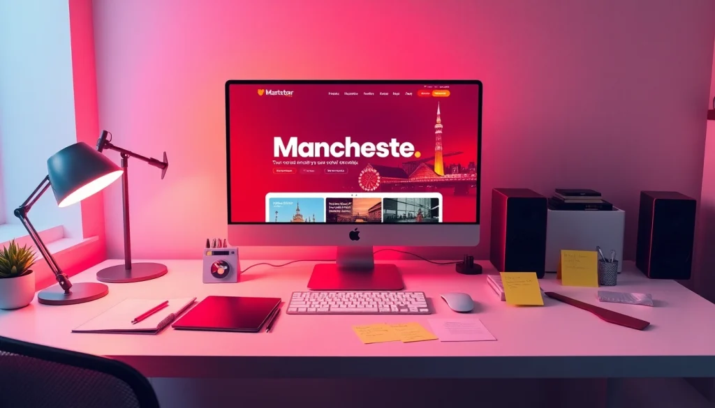 Create engaging Website design Manchester showcasing a modern workspace with digital tools and vibrant visuals.