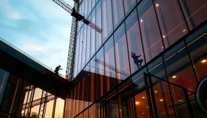 Workers conducting facade installation on a modern building, showcasing precision and teamwork.