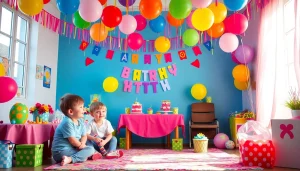 Delightful scene showcasing Birthday Party Rentals with vibrant decorations and children enjoying the celebration.