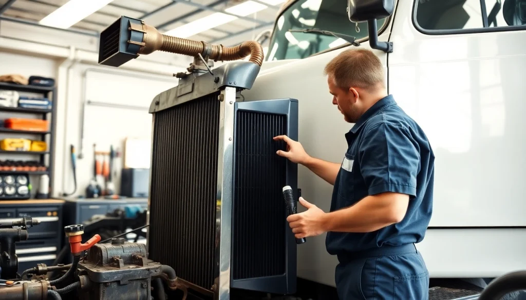 Expert technicians performing radiator and air conditioning repair for trucks in a professional workshop.