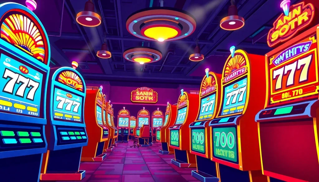 Play exciting สล็อต777 slot machines in a vibrant casino atmosphere with bright colors and dynamic lighting.