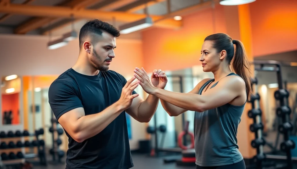 Effective Personal Trainer guiding a client through an intense workout in a modern gym.