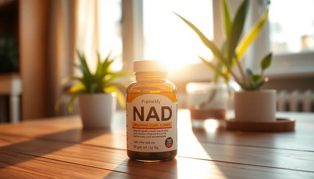 Enhance vitality with a NAD supplement bottle showcasing premium ingredients in a tranquil setting.