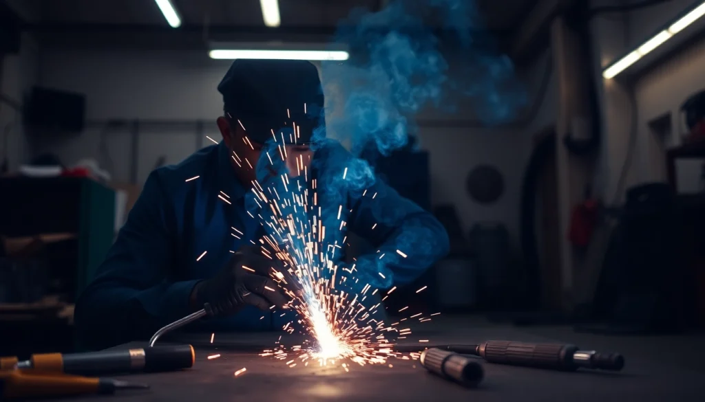 Performing precision welding with an AC DC TIG welder in a well-equipped workshop.