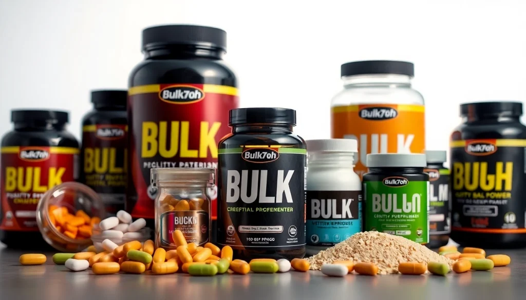 Showcase Bulk 7oh supplements in an appealing arrangement, emphasizing quality and variety.