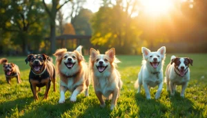 Kate's K9 Pet Care services joyful dogs enjoying playful moments in a vibrant park setting.