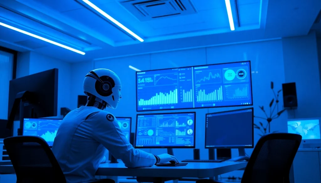 AI marketing agents analyzing data in a modern digital workspace with multiple screens.