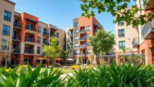A vibrant scene of apartments for rent in Glendale, AZ, featuring modern architecture and lush landscaping.