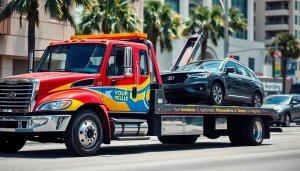 Fast towing Tampa service providing immediate assistance to a stranded vehicle in a busy urban setting.