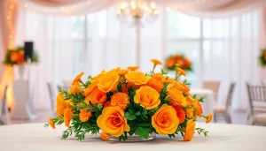 Beautiful arrangement by an Orange County event florist adorning a banquet table for a special occasion.