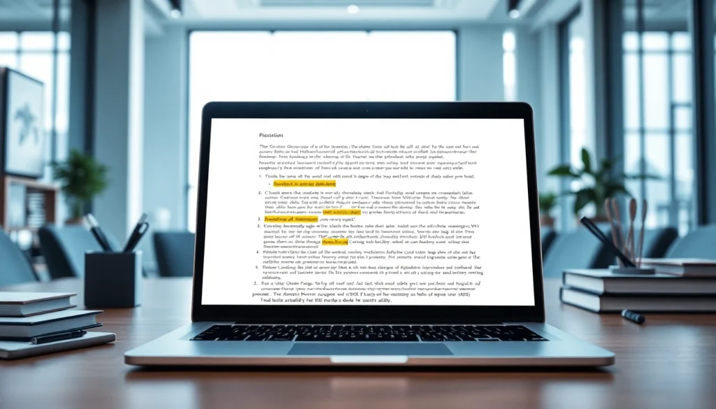 Utilize a plagiarism checker on the laptop screen highlighting text for easy detection.