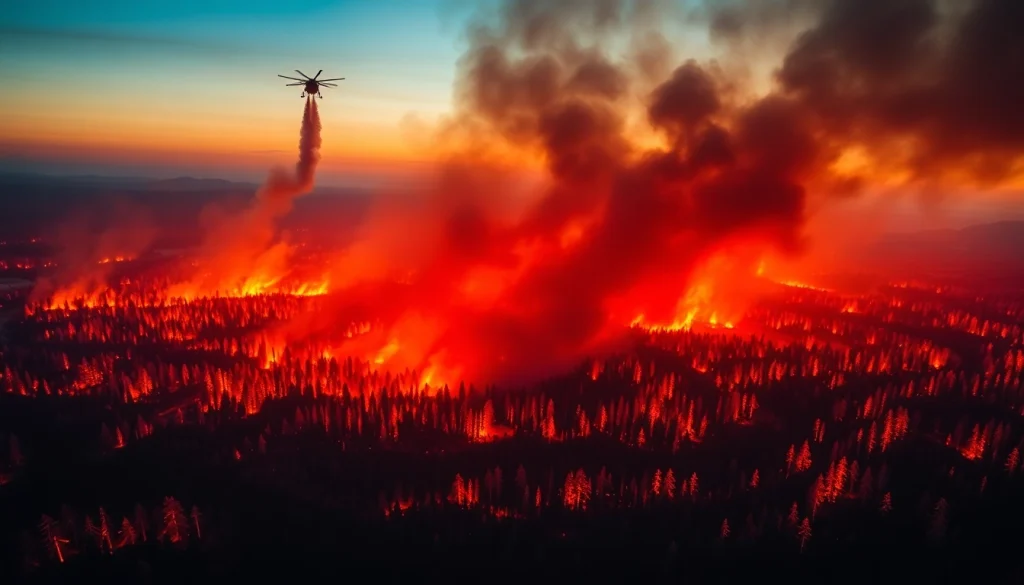 Firefighters responding to wildfire events in a dramatic aerial view of an intense forest blaze.