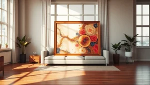 Showcasing a 20x30 frame with vibrant art in a modern living room setting.