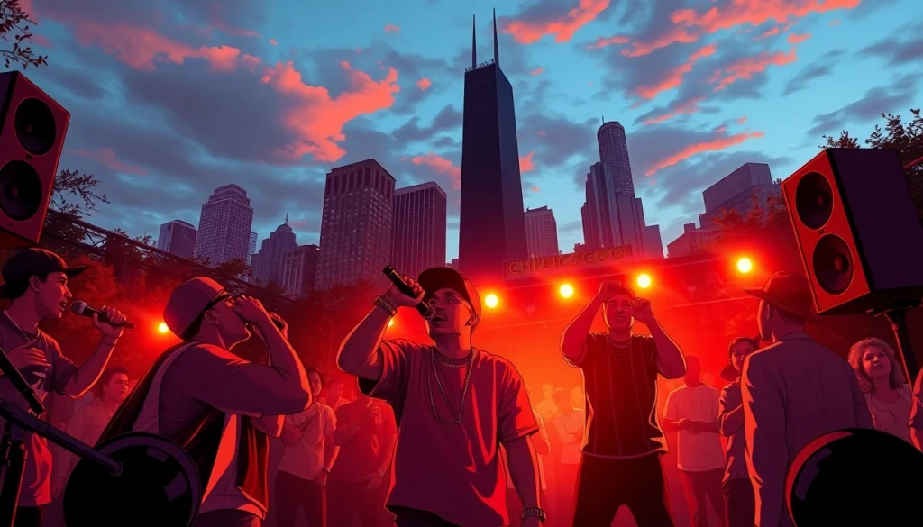 Capture the energy of rap culture in Chicago through a vibrant outdoor rap battle scene.