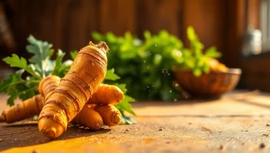 Turmeric Root in close-up, revealing its texture and vibrant color for organic and culinary contexts.