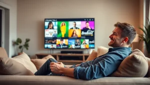 Experience the benefits of a free streaming trial while relaxing in a modern living room.