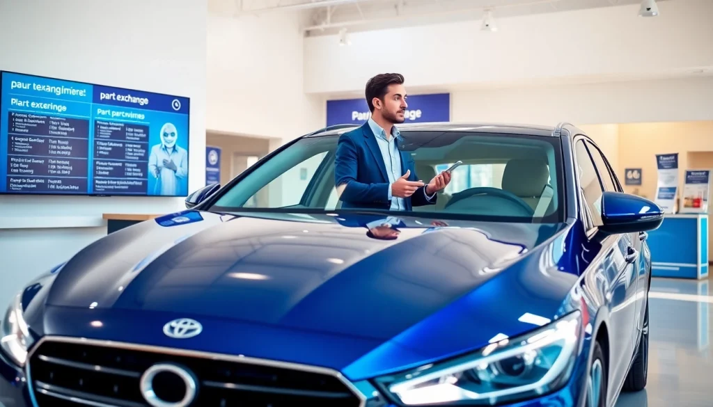 Engaging part exchange discussion between a salesperson and customer in a modern car dealership.