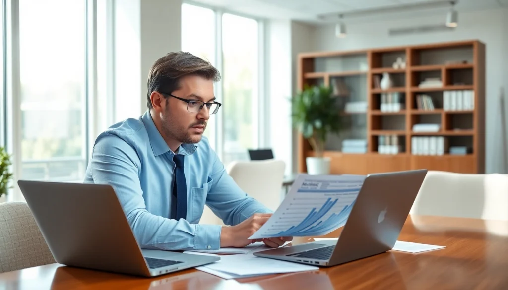 Accountant performing an impairment test in a bright office, highlighting analysis of financial data.