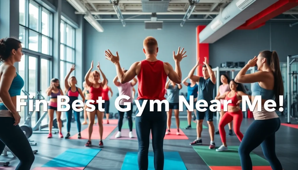 Find the best gym near me with a professional trainer leading an energetic group workout.