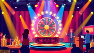Engage with Crazy Time stats depicted in a lively casino atmosphere, showcasing players and the spinning wheel.