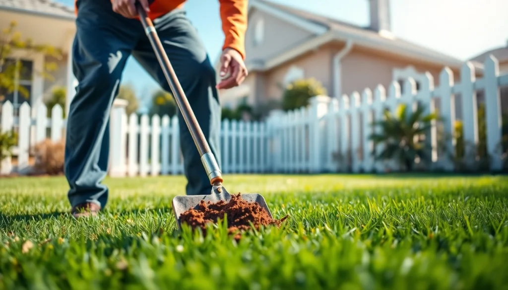 Dog poop cleaning service expert scooping waste in a sunny backyard setting.