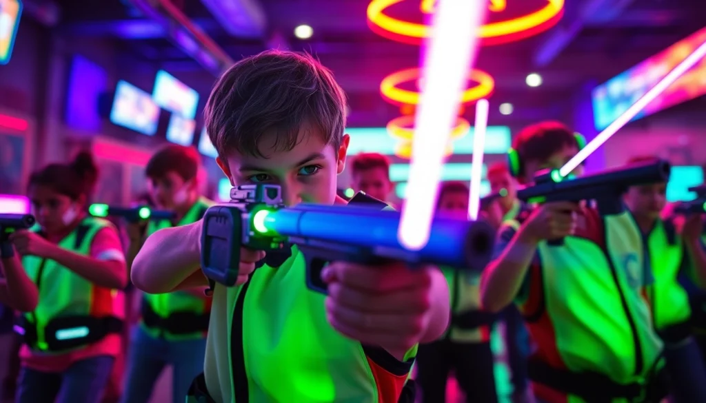 Intense laser tag action with players in futuristic vests and glowing laser guns in an arena