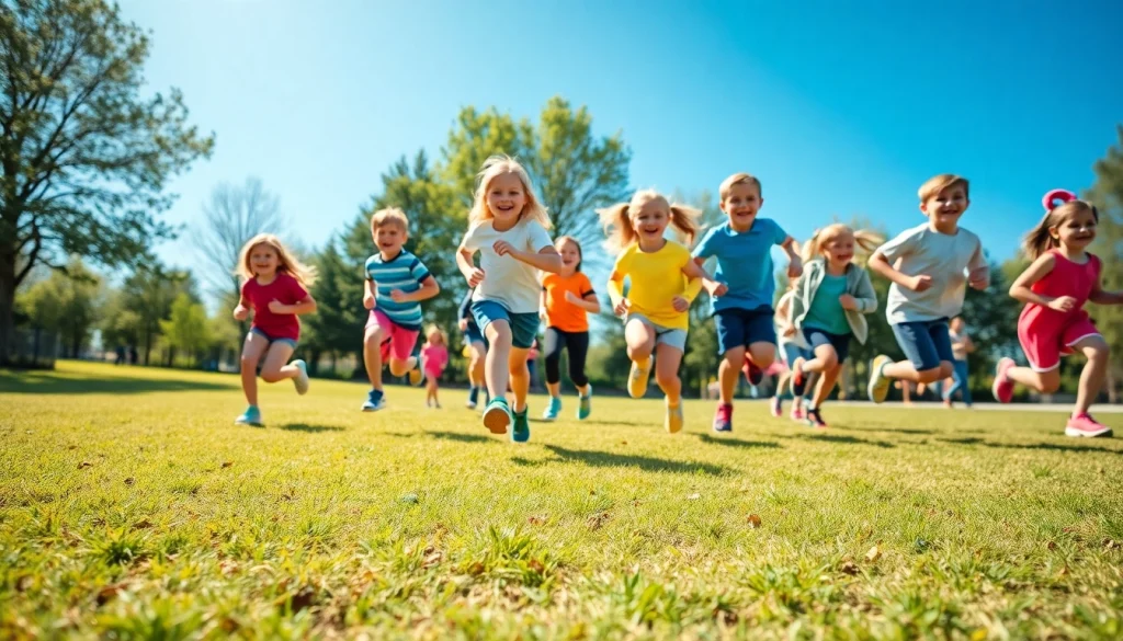 Kinder in bunten Laufschuhen für Kinder spielen fröhlich im Freien.