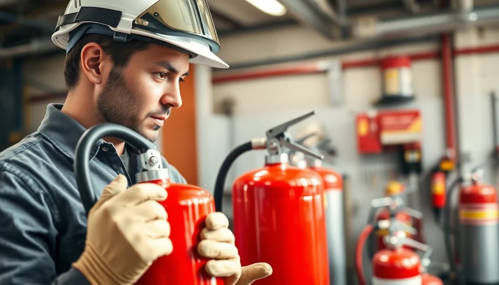 Engaging fire extinguisher servicing Cannock, showcasing a technician's thorough inspection and maintenance.