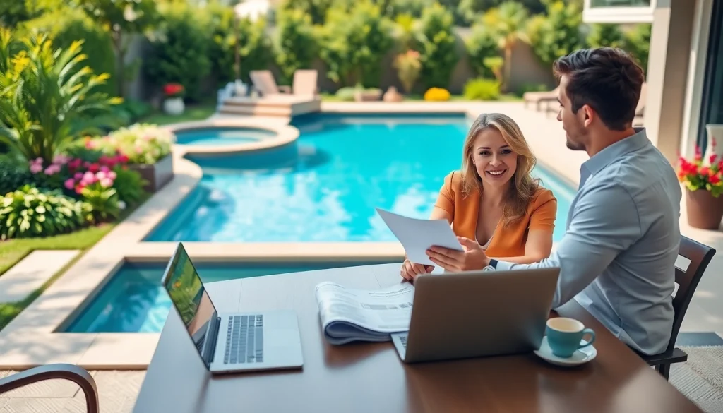 Explore swimming pool financing options with a couple in a sunny outdoor setting.