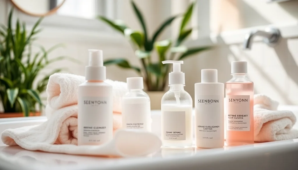 Showcase of best face cleansers for dry skin arranged elegantly in a serene bathroom setting.