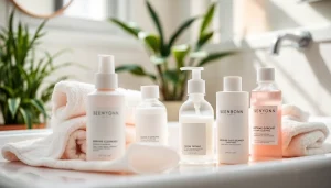 Showcase of best face cleansers for dry skin arranged elegantly in a serene bathroom setting.