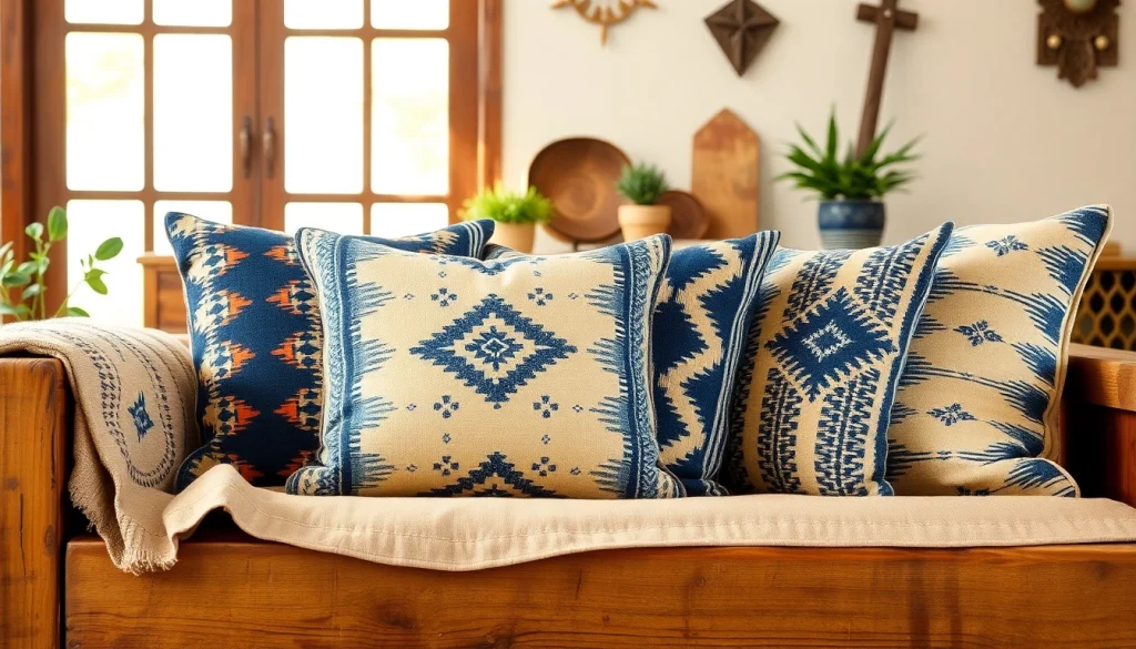 Showcasing Mali Mudcloth Cushion Covers displaying intricate patterns on a rustic sofa.