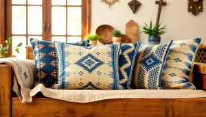 Showcasing Mali Mudcloth Cushion Covers displaying intricate patterns on a rustic sofa.